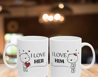 I Love Her & Him Mug Set – Cute Couple Mugs, Personalized Couple Gift, Valentine's Day Gift, Anniversary Gift, 11oz and 15oz Ceramic Mugs