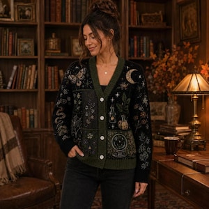 May include: A black V-neck cardigan featuring a dark green trim and white buttons. The knit fabric displays intricate embroidered motifs including a butterfly, a crescent moon, a spider web, a snake, a crystal ball, a potion bottle, and flowers.