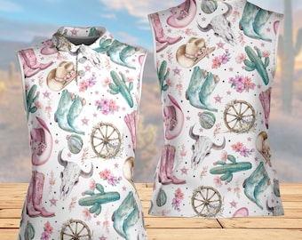 Western Cowboy Golf Polo Shirt, Cowgirl Golf Shirt, Women’s Sleeveless Polo, Country Themed Golf Shirt, Floral Golf Polo
