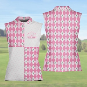 May include: Sleeveless golf shirt with a pink and white diamond pattern. The shirt has a collared neckline and a golf-themed logo with the text "YOUR NAME". The back of the shirt has a repeating pattern of golf clubs.