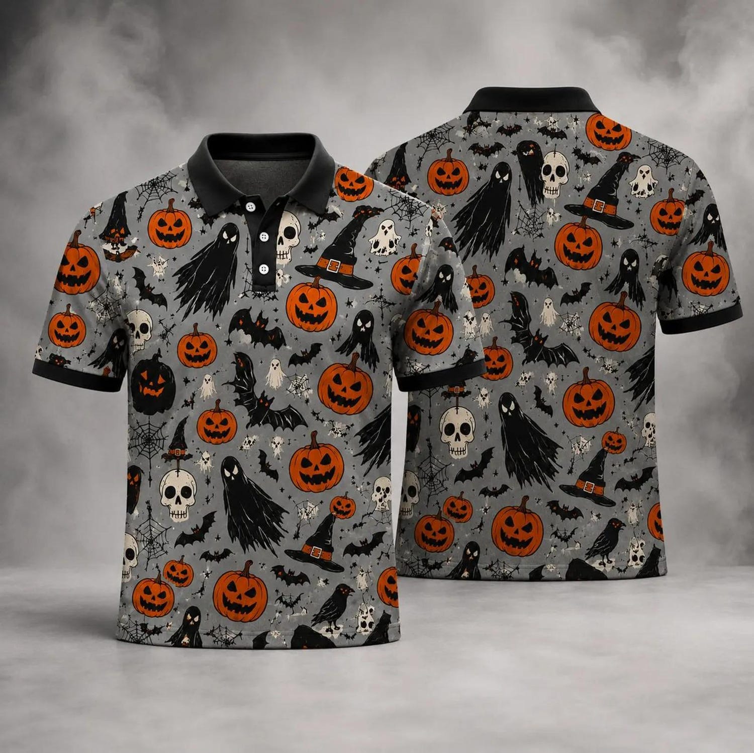 Halloween Pumpkin Ghost Polo Shirt for Men, Spooky Skull Golf Shirt, Bat Witch Hat Polo, Halloween Party Shirt, Gift for Him