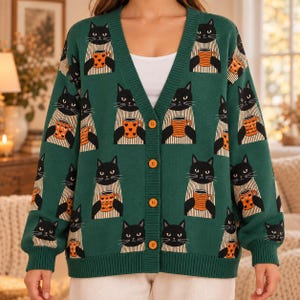 Black Cat Coffee Cardigan for Women, Dark Green V-Neck Button Front Sweater