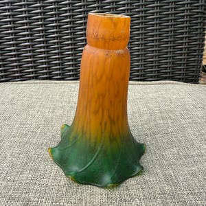 vintage Art Nouveau tulip or lily glass lampshade, often referre Tiffany style shade green amber