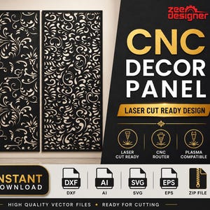 May include: Black CNC decor panel design with a floral pattern. The design is laser cut ready and includes file formats for instant download. The text on the image says "CNC Decor Panel" and "Laser Cut Ready Design".