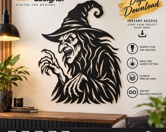 Witch SVG Laser Cut File | Halloween Wall Decor | CNC Crafters & DIYers | Spooky Gothic Style.