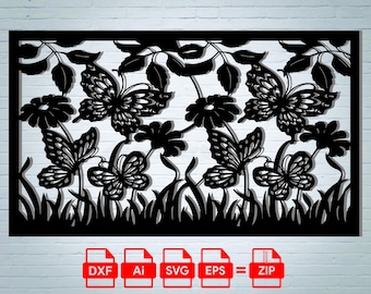 Arte mural de mariposas y flores cortado a láser: silueta de la naturaleza (archivos digitales)