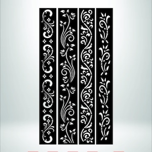 May include: Black and white floral design panels. The panels feature intricate white floral patterns against a black background. The image includes file type icons: DXF, Ai, SVG, EPS, and ZIP, along with the "zee designer" logo.