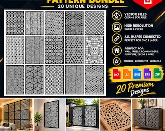 Geometric Pattern SVG Bundle | 20 CNC Laser Cut Patterns | Wall Panel & Room Divider Designs.