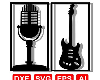Arte mural de micrófono y guitarra vintage: Decoración de estudio de música (archivos digitales)