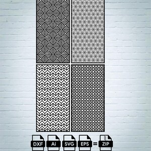 May include: Four black rectangular panels with intricate geometric patterns. The panels feature various designs, including zigzags, triangles, and repeating shapes. Below the panels are icons labeled DXF, Ai, SVG, EPS, and a ZIP file icon.