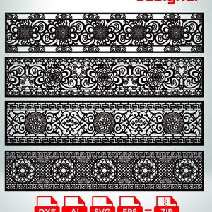May include: Black laser-cut decorative panels with intricate floral and geometric patterns. The image displays four unique designs, each with a different arrangement of circular and swirling motifs. File formats include DXF, AI, SVG, EPS, and ZIP.