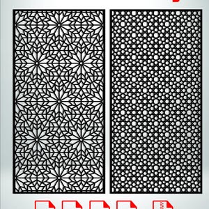 May include: Two black decorative panels with detailed geometric designs. One panel displays a starburst pattern, the other a repeating circular motif. The image includes file format icons: DXF, Ai, SVG, EPS, and ZIP, and a red logo.