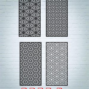 Könnte beinhalten: Vier schwarze rechteckige Paneele mit aufwendigen geometrischen Mustern. Die Paneele sind in einem 2x2-Raster vor einer weißen Backsteinmauer angeordnet. Darunter Symbole mit Dateityp-Abkürzungen: DXF, AI, SVG, EPS und ZIP.