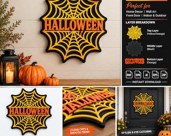 Halloween Layered SVG DXF | 3 Layer Spiderweb CNC Cut File | Wall Decor.