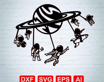 Paseo en columpio de astronauta en el planeta Saturno, archivo Cricut con temática espacial (SVG, DXF)