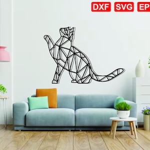 Peut inclure: Décor mural représentant un chat noir géométrique. Le chat est composé de triangles reliés. L'image comprend également le texte "DXF SVG EPS AI" en rouge et blanc.