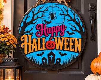 Spooky Halloween Moon Spider Laser Cut Welcome Sign | Door Decor | CNC SVG Design.