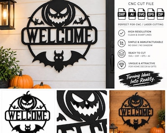 Halloween Welcome Sign SVG | Front Door Decor | DIY Crafters | Spooky Bat Pumpkin.
