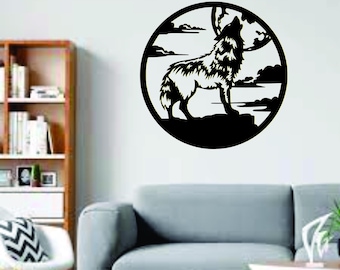 Arte mural de lobo cortado a láser, silueta de bosque (archivo digital)