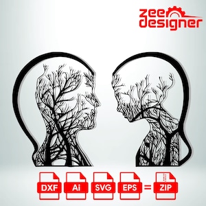 May include: A black and white graphic design featuring two human profiles facing each other, with tree-like patterns filling the interior. The image includes file type icons for DXF, Ai, SVG, EPS, and ZIP, and the text "zee designer".