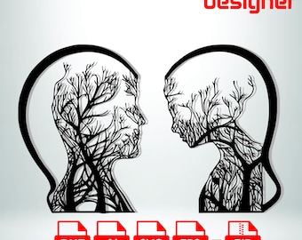 Cabezas de pareja de ramas de árboles cortadas con láser, arte de rostro humano.