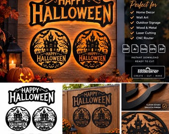 Happy Halloween SVG Bundle, Haunted House Door Sign, Laser Cut File (Digital Download)