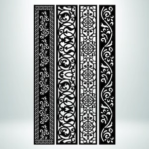 May include: Four black decorative panels with intricate white cut-out designs. The panels feature floral, geometric, and swirling patterns. The image includes file type icons: DXF, Ai, SVG, EPS, and ZIP, along with the text "zeer designer".