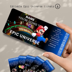 Może przedstawiać: Niebiesko-czarny bilet z napisem "Epic Universe" i postacią z kreskówki. Bilet zawiera pola na imię, datę, miejsce docelowe i wiadomość. Widoczny jest również tekst "You're going to Epic Universe".