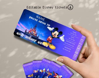 Boleto editable de Disney World / Revelación de viaje personalizada imprimible. Regalo sorpresa de vacaciones en parques temáticos personalizados.