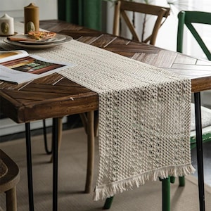 Handmade Cotton Table Runner: Crochet Lace & Tassels, Rustic Boho Decor (37x150 cm)
