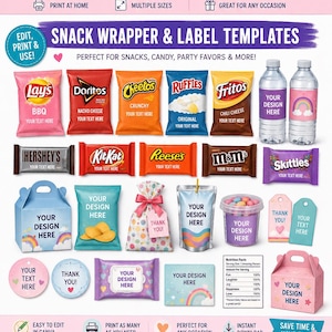 May include: A digital bundle of 110 party favour templates featuring editable snack wrappers, labels, water bottle wraps, and favour boxes. The display shows various snack-sized packaging designs with placeholders for custom text and colourful graphics.