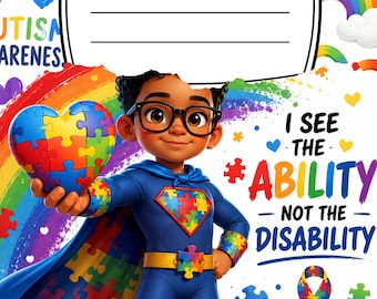 May include: A notebook cover featuring a superhero character in a blue costume with puzzle piece patterns, holding a heart-shaped puzzle piece. The text reads I SEE THE ABILITY NOT THE DISABILITY and AUTISM AWARENESS, with a blank label for writing.