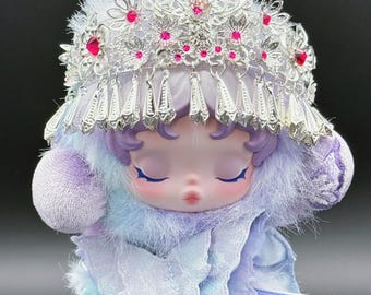 Hmong Silver Crown with hot pink Rhinestones for Labubu or Skullpanda and Handmade Doll Headpiece with Floral and Dangle Charms