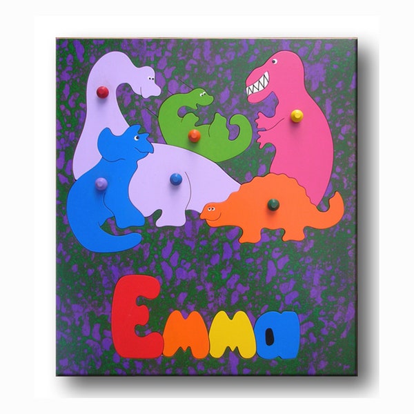 Childs Name Puzzle | Handmade Name Puzzle with Knobs | Name Puzzle for a Boy | Prehistoric Dinosaurs