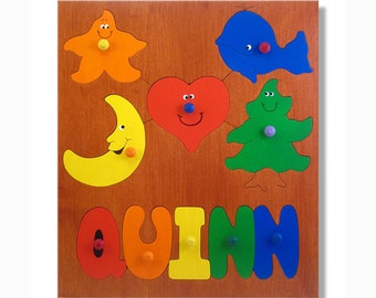 Toddler Wooden Name Puzzle | Childs First Name Puzzle | Wood Puzzle with Knobs | Basic Shapes Name Puzzle | Name Puzzle with a Heart