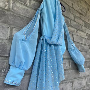 Lyrical dance costume/dancewear, Balera blousin sleeve leotard SC, Light blue dance leotard with skirt, Semi custom rhinestone, dance resale