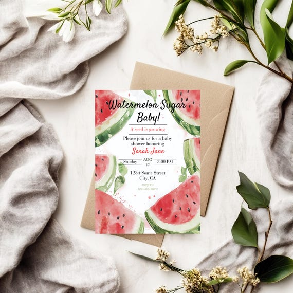Watermelon Theme Baby Shower Invitation 5x7 Template Fruit Theme