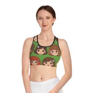Kawaii Anime Girl Sports Bra, Cute Green Cartoon Print | Comfy Activewear for Anime Lovers