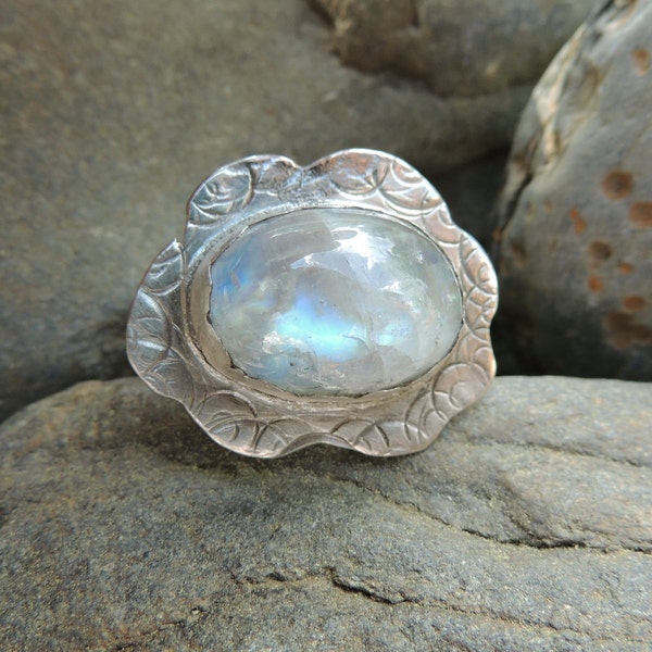 Rainbow Moonstone Statement Ring Size 6 - Electric Blue Cloud Shape Cocktail Ring Recycled Silver