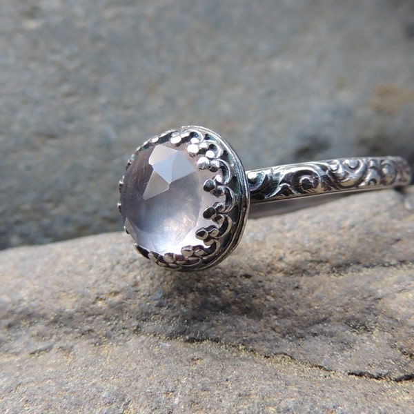 Elegant Misty Pink Rose Quartz Gemstone Ring in Sterling Silver - Size 7 Antique Edwardian Inspired