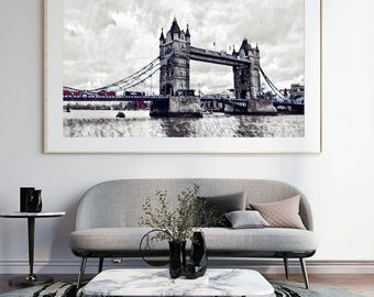 London Tower Bridge Print | Black, White & Red UK Photography (Digital Download)