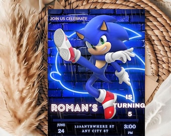 Bewerkbare sjabloon voor Sonic-verjaardagsfeestje voor kinderen (5 x 7) Digitaal downloadbaar product