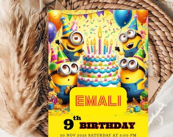 Editable Minions Birthday Party Invitation Template for Kids ( 5x7 ) Digital Downloadable Template