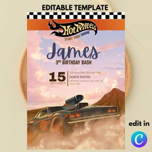 Hot Wheels Geburtstagseinladungsvorlage: Rennparty, bearbeitbare Canva-Datei (Digitaler Download)