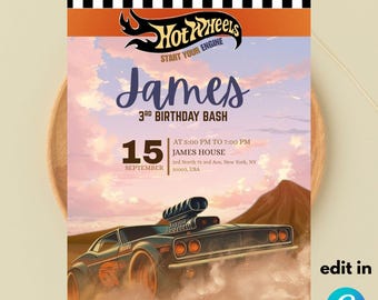 Hot Wheels Birthday Invitation Template: Racing Party, Editable Canva File (Digital Download)