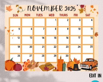 Editable 2026 November Calendar 2026 ( Digital Downloadable Product)