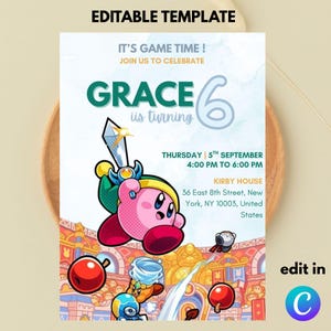 以下が含まれることがあります： ピンク色のカービィのキャラクターと剣が描かれた、編集可能な誕生日パーティーの招待状テンプレート。招待状には「Grace is turning 6」というテキストとイベントの詳細が含まれています。背景は、水色とゴールドの配色です。