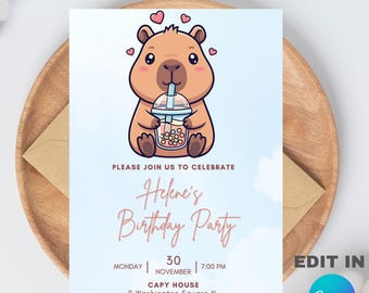 Capybara Birthday Party Invitation Template, Editable Canva Design (5x7), Digital Download.