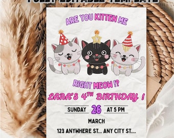 Editable Kitten Birthday party Invitation Template ( 5x7 ) Digital Downloadable Product