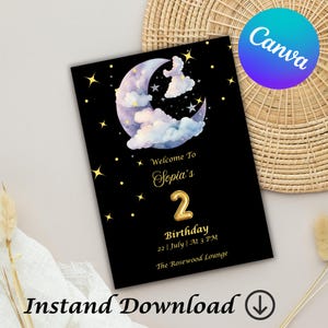Celestial 2nd Birthday Invitation: Black Moon & Stars, Editable Canva Template